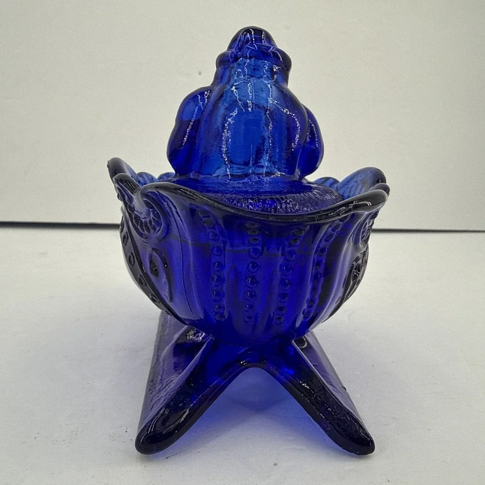 Vtg Westmoreland Cobalt Blue Santa on A Nest Sleigh Covered Dish, Candy,